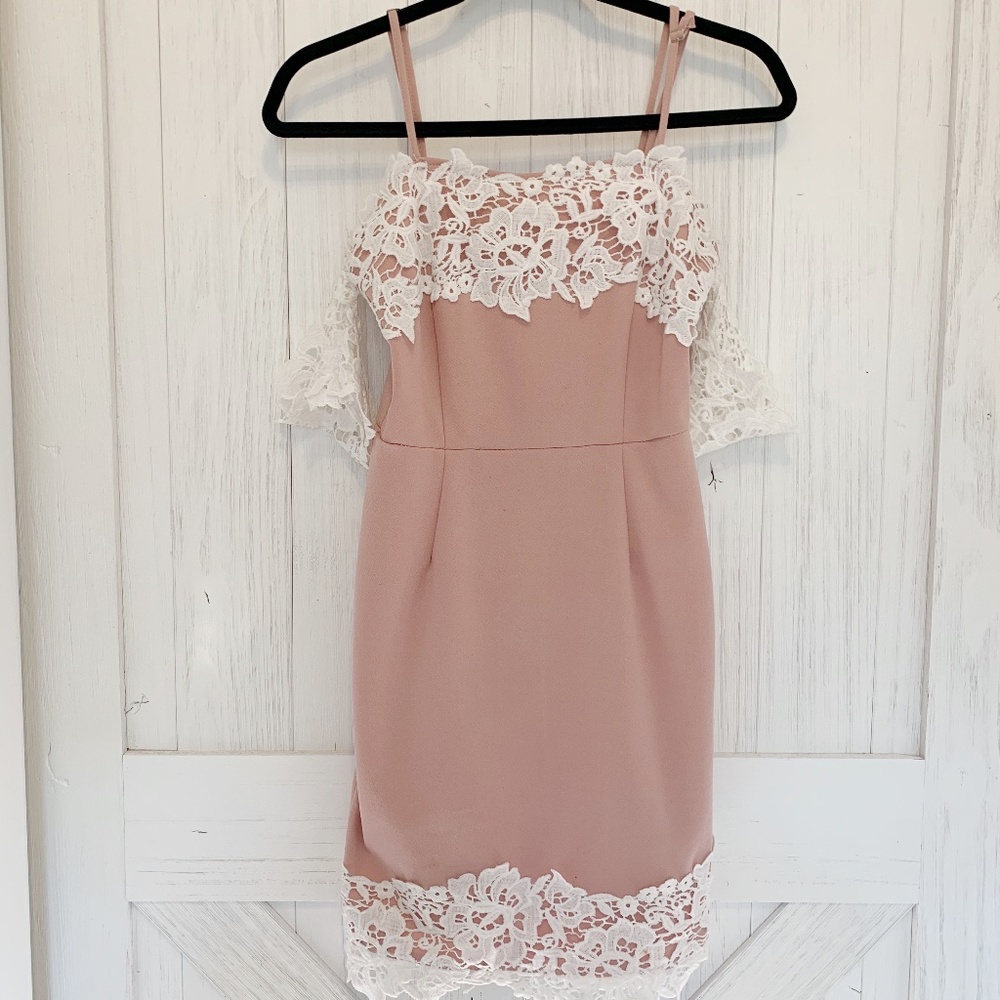 Fitted, pink lace, open shoulder dress